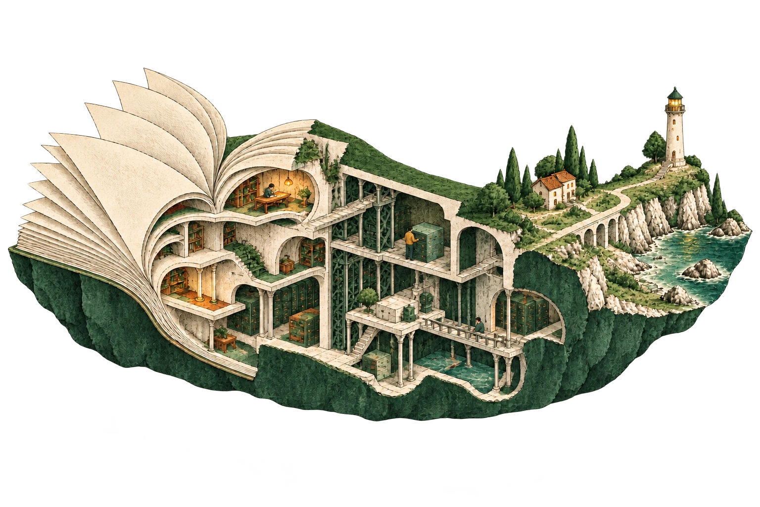 A world in the making: warmly lit rooms inside an open book, a writer at a desk, an engineer at work and a reader behind a stone bridge. A painted coast and glowing lighthouse connect Mantle’s tools, computing research and games.